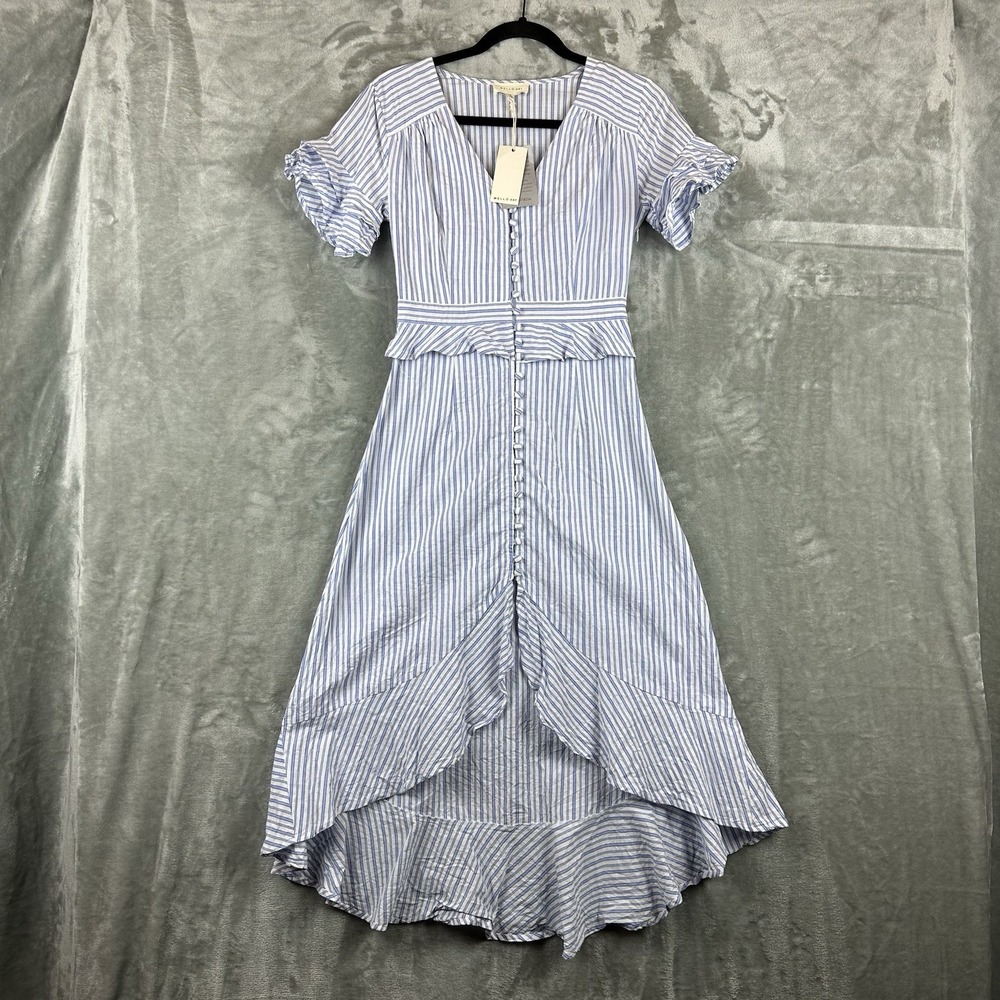 Melloday High Low Dress Women's S Blue White Vertical Striped Ruffle NEW